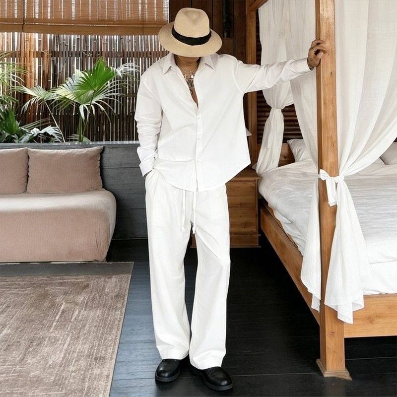 Mens Linen Shirt Long Sleeve - White Linen Set Loose Fit Long