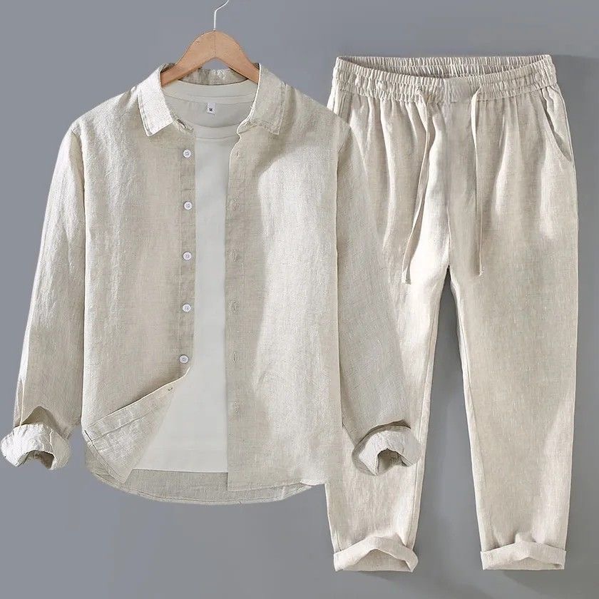 White Linen Set Loose Fit Long - Mens Linen Shirt Long Sleeve recension och pris