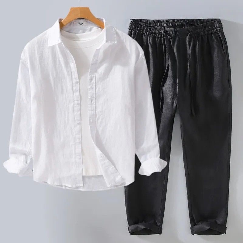 White Linen Set Loose Fit Long - Mens Linen Shirt Long Sleeve recension och pris