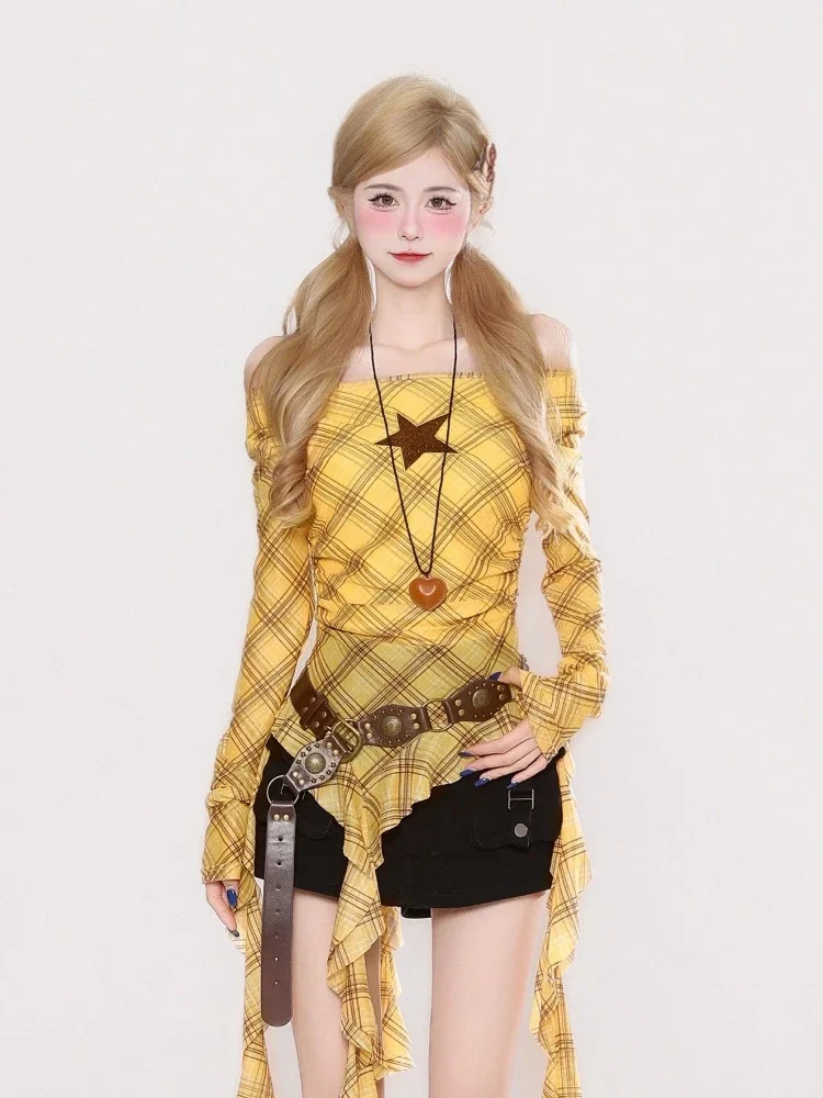 Y2K Plaid Slash Neck Vintage T - T-Shirts recension och pris
